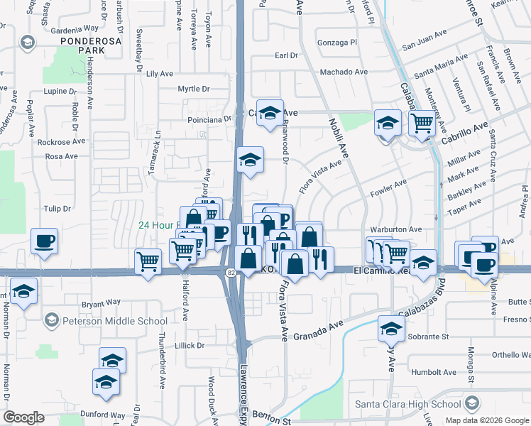 map of restaurants, bars, coffee shops, grocery stores, and more near 3567 Brothers Lane in Santa Clara