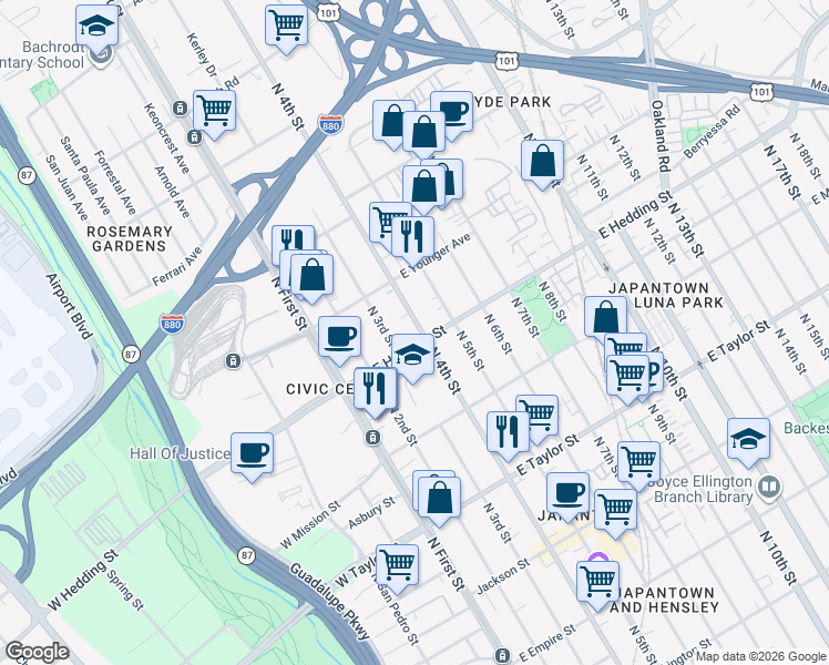map of restaurants, bars, coffee shops, grocery stores, and more near 905 North 4th Street in San Jose