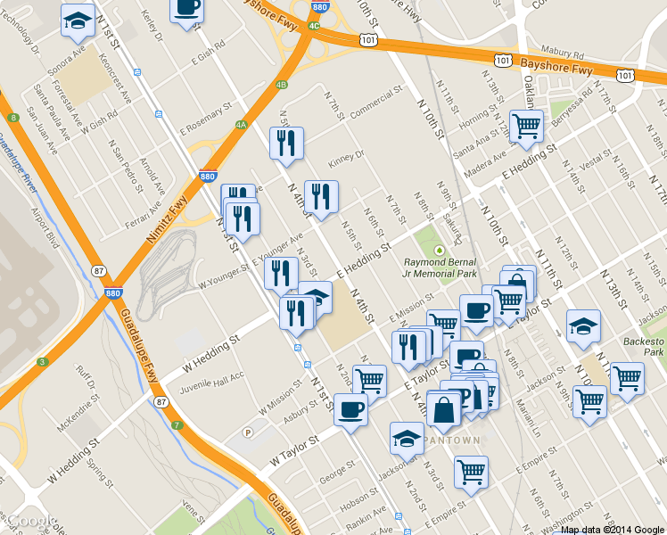 map of restaurants, bars, coffee shops, grocery stores, and more near 905 North 4th Street in San Jose