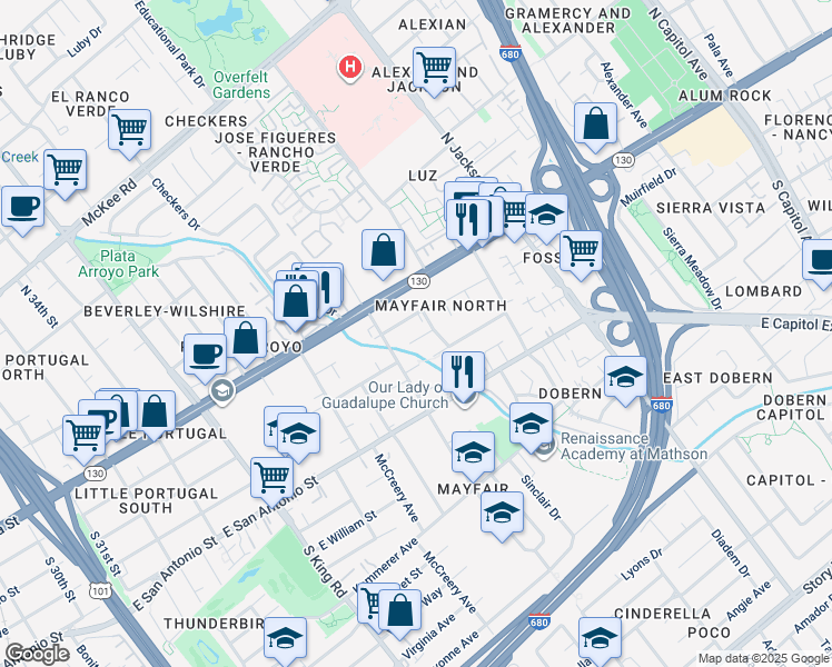 map of restaurants, bars, coffee shops, grocery stores, and more near 76 Sunset Court in San Jose