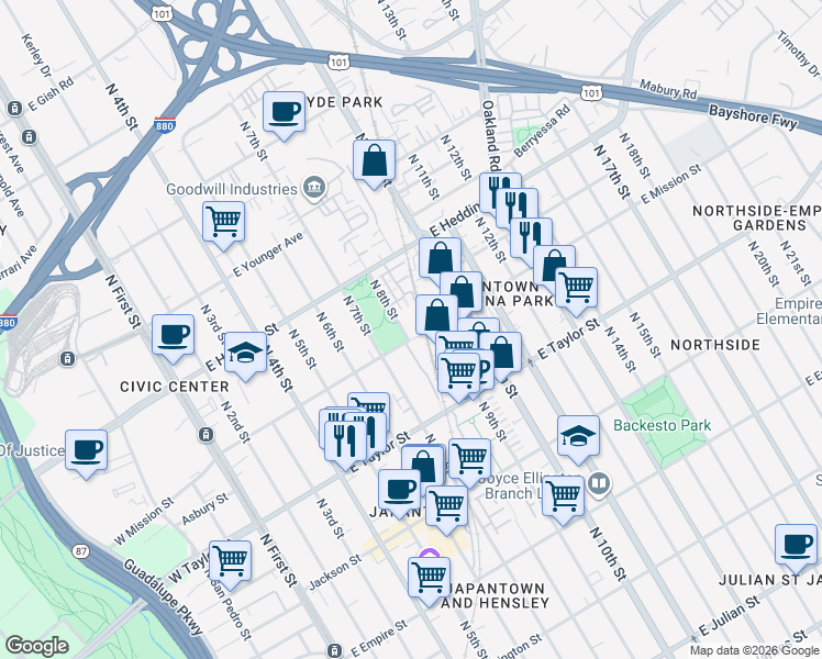 map of restaurants, bars, coffee shops, grocery stores, and more near 350 East Mission Street in San Jose