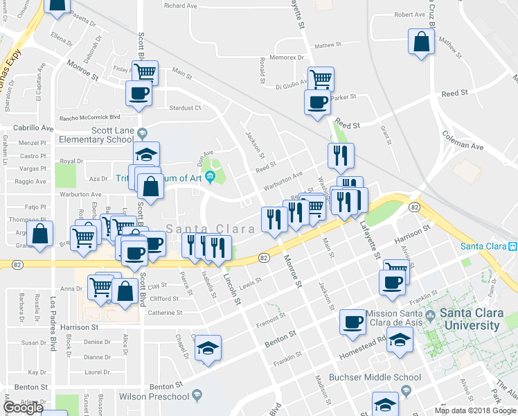 map of restaurants, bars, coffee shops, grocery stores, and more near 1620 Monroe Street in Santa Clara