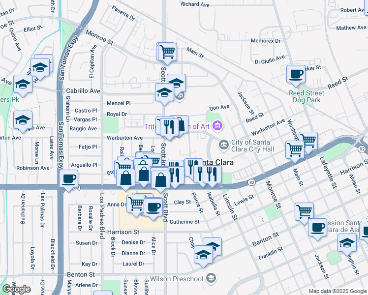 map of restaurants, bars, coffee shops, grocery stores, and more near 1690 Civic Center Drive in Santa Clara
