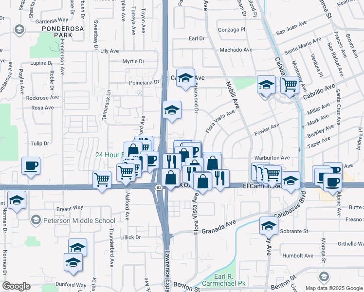 map of restaurants, bars, coffee shops, grocery stores, and more near 3567 Brothers Lane in Santa Clara