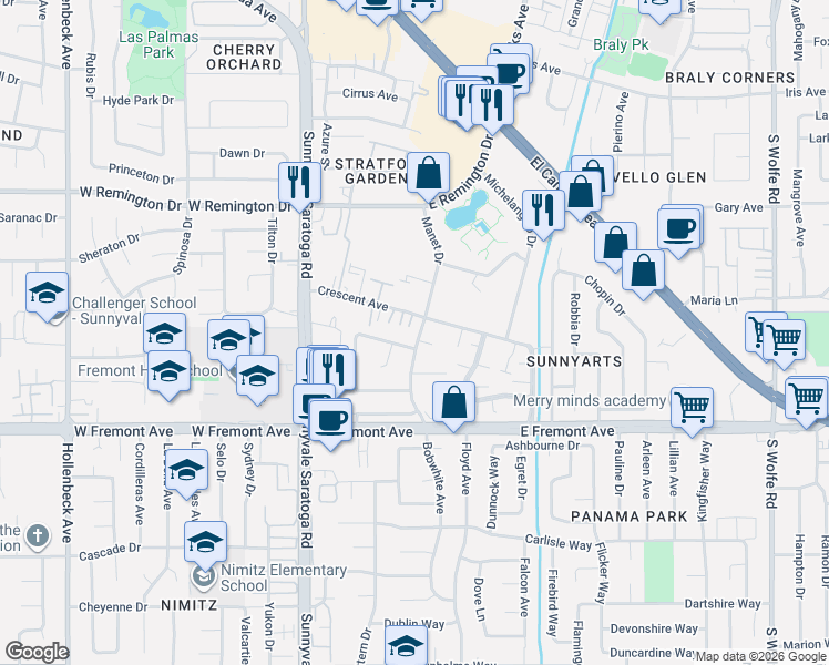 map of restaurants, bars, coffee shops, grocery stores, and more near 1228 Manet Drive in Sunnyvale