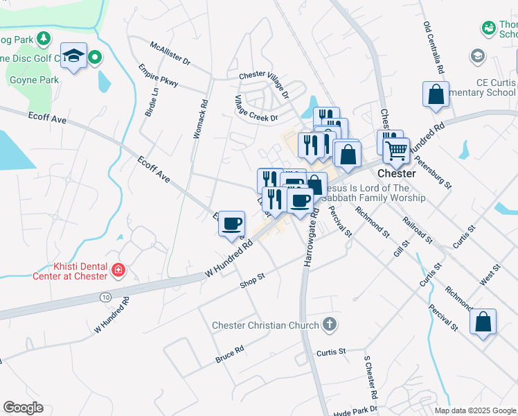 map of restaurants, bars, coffee shops, grocery stores, and more near 4500 West Hundred Road in Chester