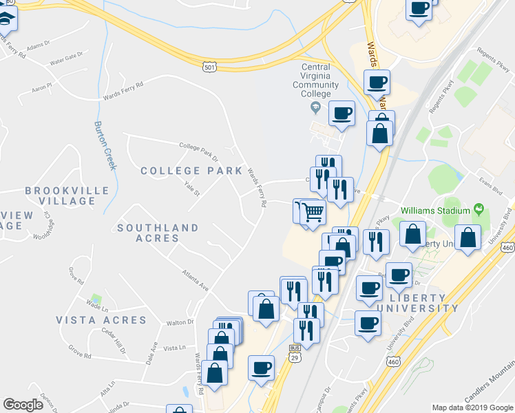 map of restaurants, bars, coffee shops, grocery stores, and more near 95 College Park Drive in Lynchburg