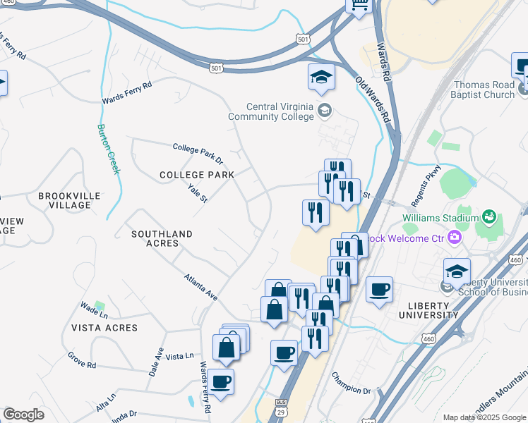 map of restaurants, bars, coffee shops, grocery stores, and more near 1605 Wards Ferry Road in Lynchburg