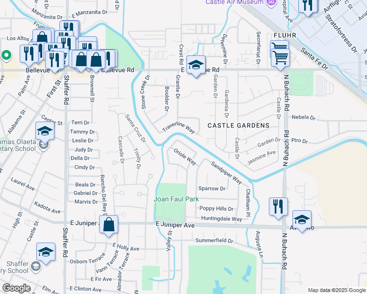 map of restaurants, bars, coffee shops, grocery stores, and more near 730 Wedgewood Lane in Atwater