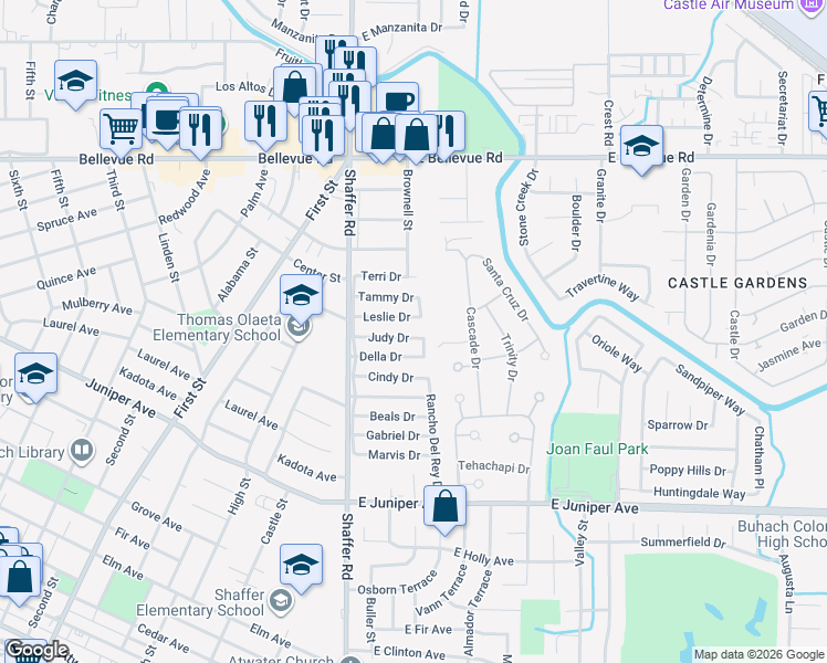 map of restaurants, bars, coffee shops, grocery stores, and more near 295 Della Drive in Atwater