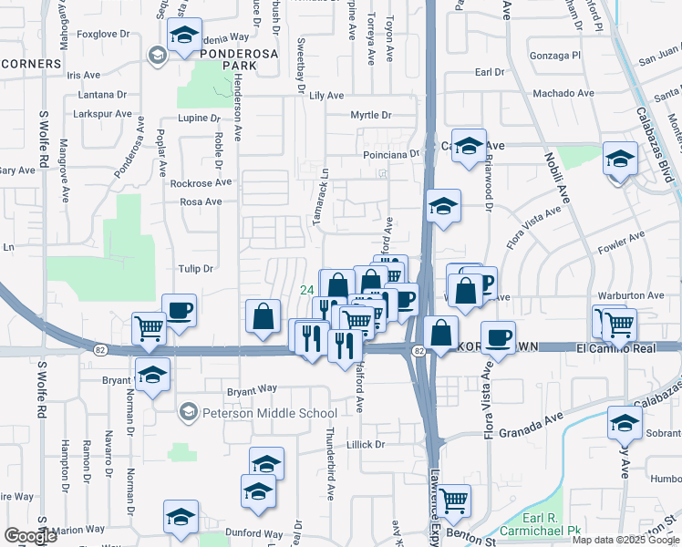 map of restaurants, bars, coffee shops, grocery stores, and more near 1730 Halford Avenue in Santa Clara