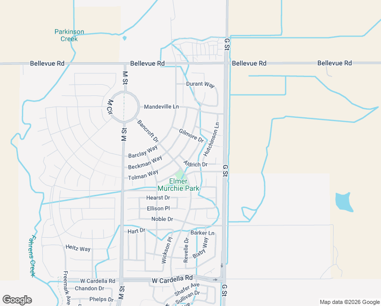 map of restaurants, bars, coffee shops, grocery stores, and more near 4637 Stern Drive in Merced