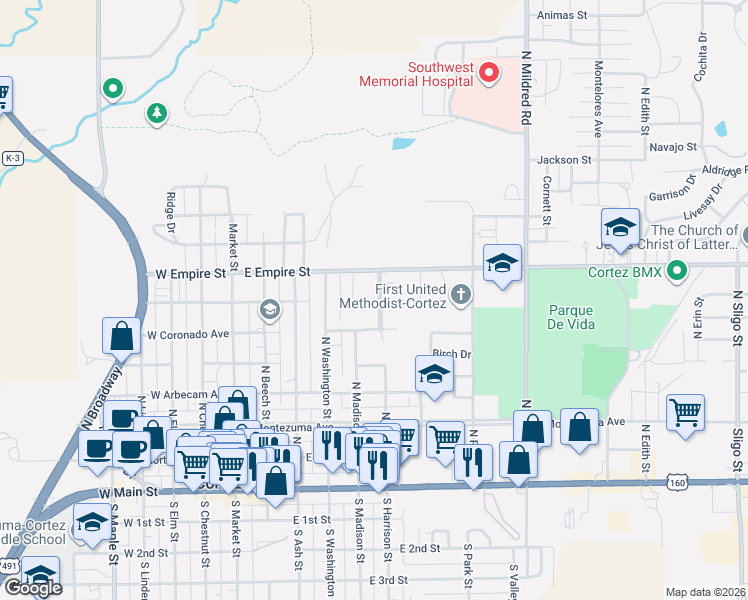 map of restaurants, bars, coffee shops, grocery stores, and more near 525 North Harrison Street in Cortez