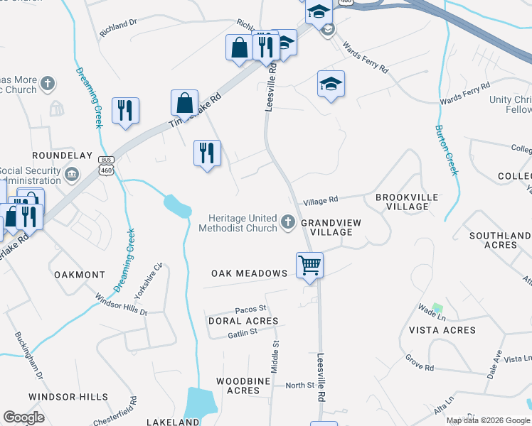 map of restaurants, bars, coffee shops, grocery stores, and more near 572 Leesville Road in Lynchburg