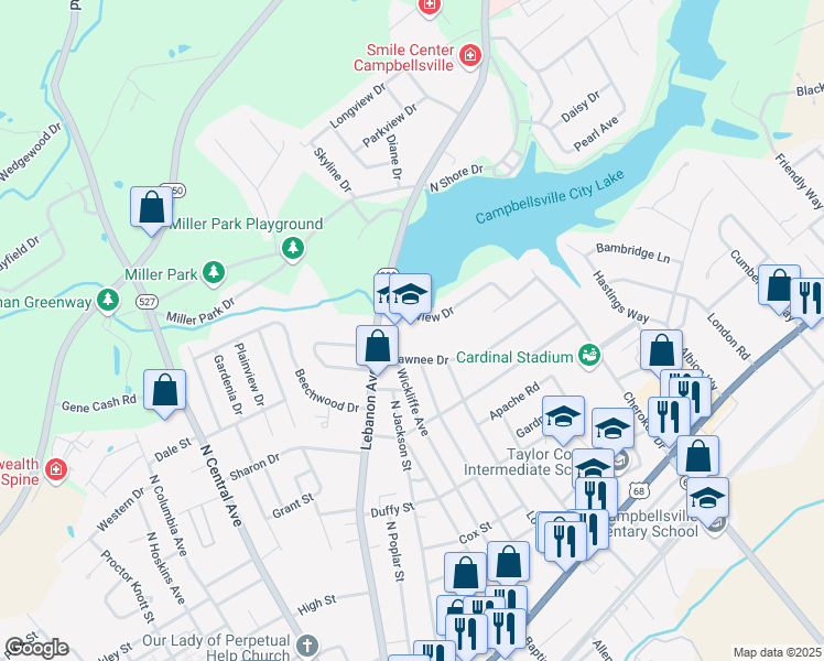 map of restaurants, bars, coffee shops, grocery stores, and more near 1100 Lebanon Avenue in Campbellsville