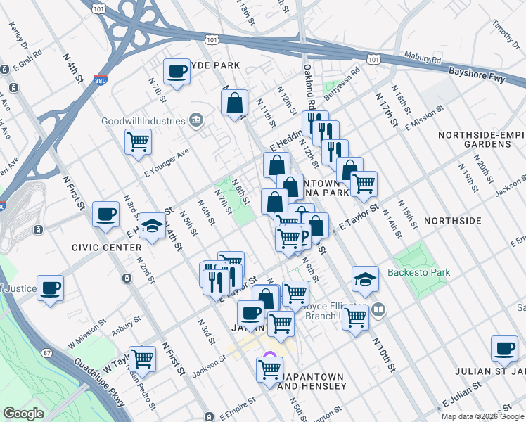 map of restaurants, bars, coffee shops, grocery stores, and more near 800 North 8th Street in San Jose