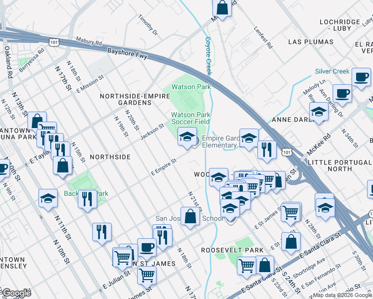 map of restaurants, bars, coffee shops, grocery stores, and more near 1020 East Empire Street in San Jose