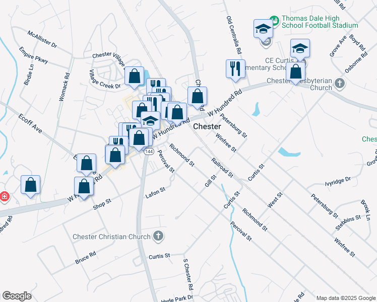 map of restaurants, bars, coffee shops, grocery stores, and more near 12141 Richmond Street in Chester