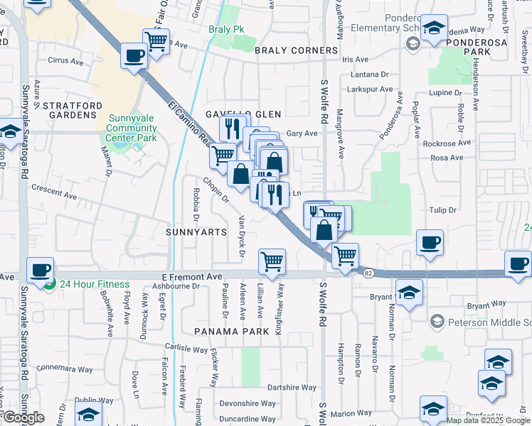 map of restaurants, bars, coffee shops, grocery stores, and more near 830 East El Camino Real in Sunnyvale