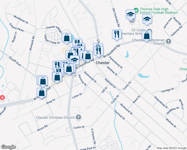 map of restaurants, bars, coffee shops, grocery stores, and more near 12141 Richmond Street in Chester