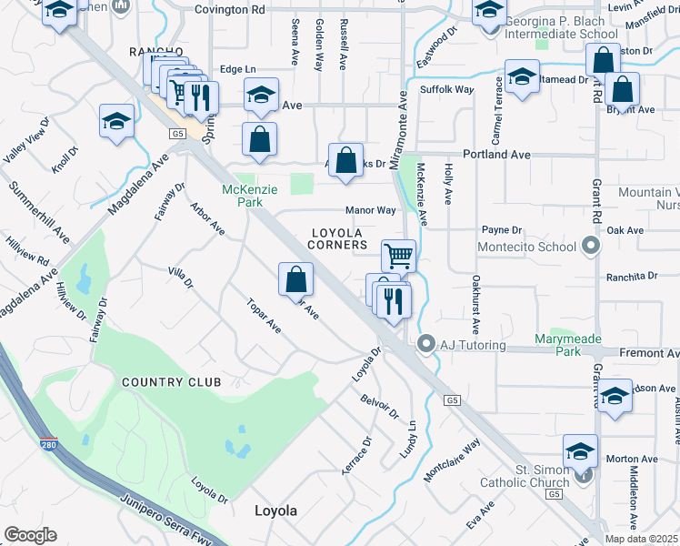 map of restaurants, bars, coffee shops, grocery stores, and more near 919 Fremont Avenue in Los Altos