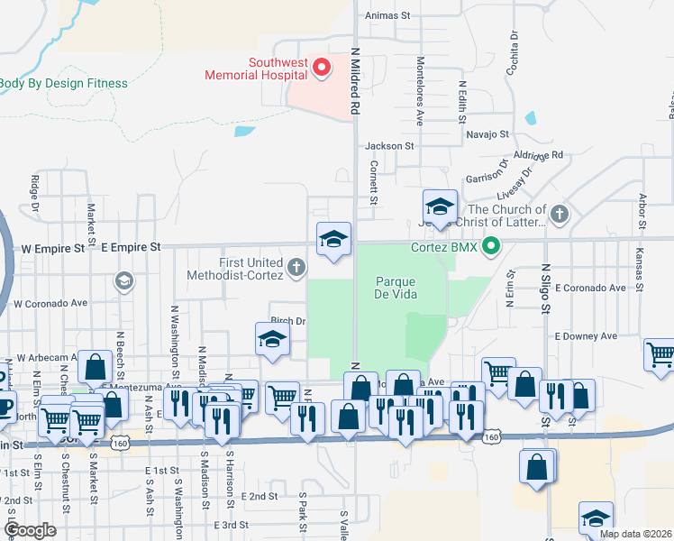 map of restaurants, bars, coffee shops, grocery stores, and more near 387-603 North Mildred Road in Cortez
