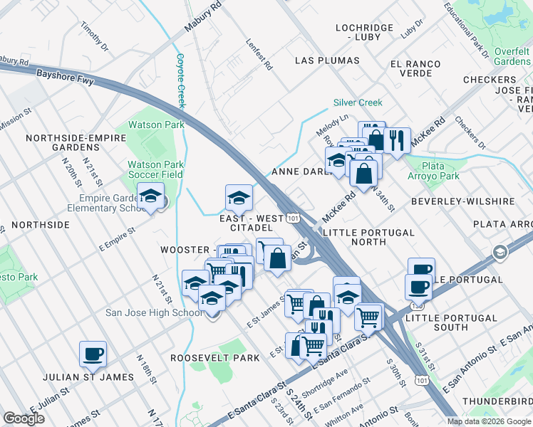 map of restaurants, bars, coffee shops, grocery stores, and more near 343 West Court in San Jose