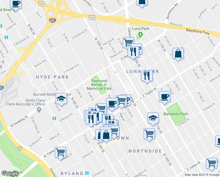 map of restaurants, bars, coffee shops, grocery stores, and more near 350 East Mission Street in San Jose