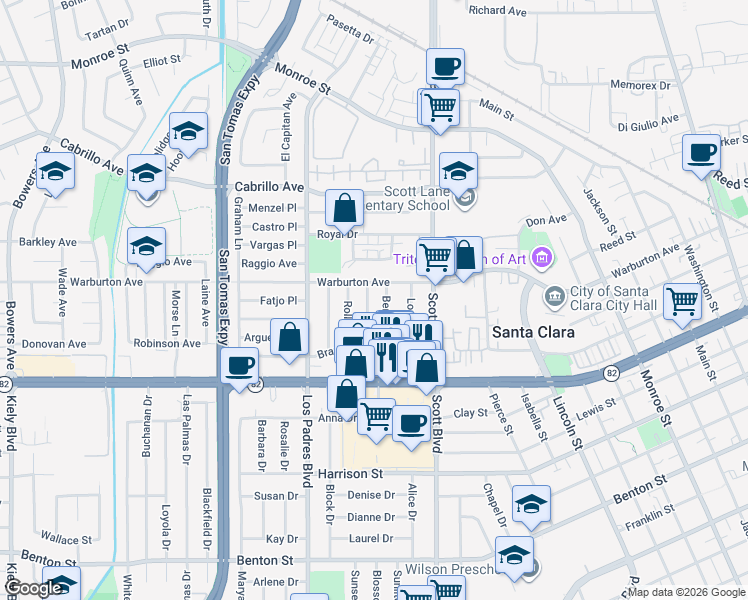 map of restaurants, bars, coffee shops, grocery stores, and more near 1698 Berna Street in Santa Clara