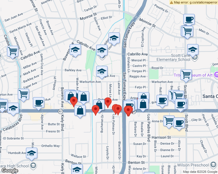 map of restaurants, bars, coffee shops, grocery stores, and more near 1745 Higgins Avenue in Santa Clara