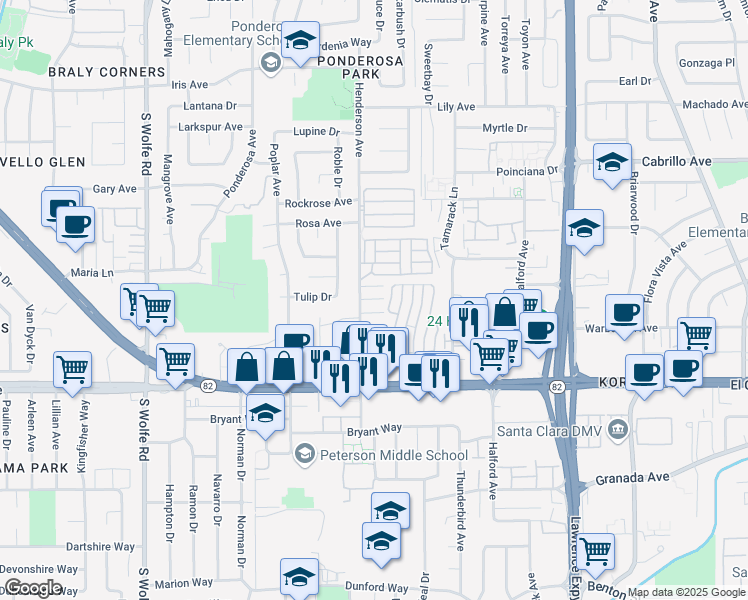 map of restaurants, bars, coffee shops, grocery stores, and more near 1201 Sycamore Terrace in Sunnyvale