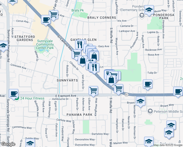 map of restaurants, bars, coffee shops, grocery stores, and more near 850 East El Camino Real in Sunnyvale