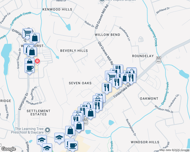 map of restaurants, bars, coffee shops, grocery stores, and more near 240 Beverly Hills Circle in Lynchburg