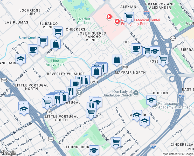 map of restaurants, bars, coffee shops, grocery stores, and more near 1897 Alum Rock Avenue in San Jose