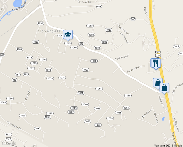 map of restaurants, bars, coffee shops, grocery stores, and more near 111 State Route 1064 in Roanoke