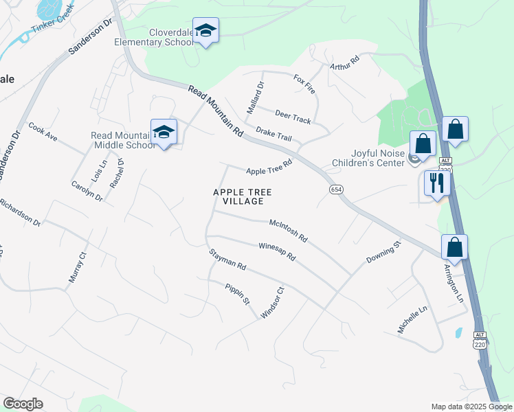 map of restaurants, bars, coffee shops, grocery stores, and more near 111 State Route 1064 in Roanoke