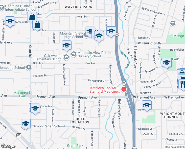 map of restaurants, bars, coffee shops, grocery stores, and more near 1660 Elmhurst Drive in Los Altos