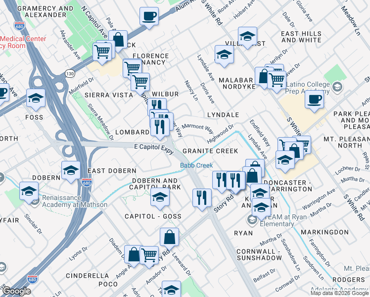 map of restaurants, bars, coffee shops, grocery stores, and more near 10311 Dover Way in San Jose
