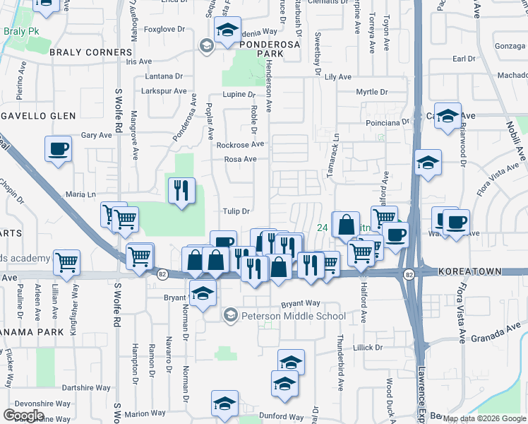 map of restaurants, bars, coffee shops, grocery stores, and more near 989 Henderson Avenue in Sunnyvale