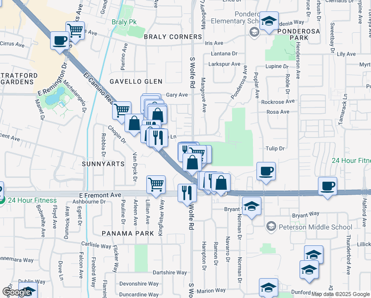 map of restaurants, bars, coffee shops, grocery stores, and more near 861 East El Camino Real in Sunnyvale