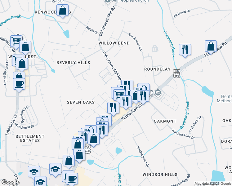 map of restaurants, bars, coffee shops, grocery stores, and more near 209 Old Graves Mill Road in Lynchburg