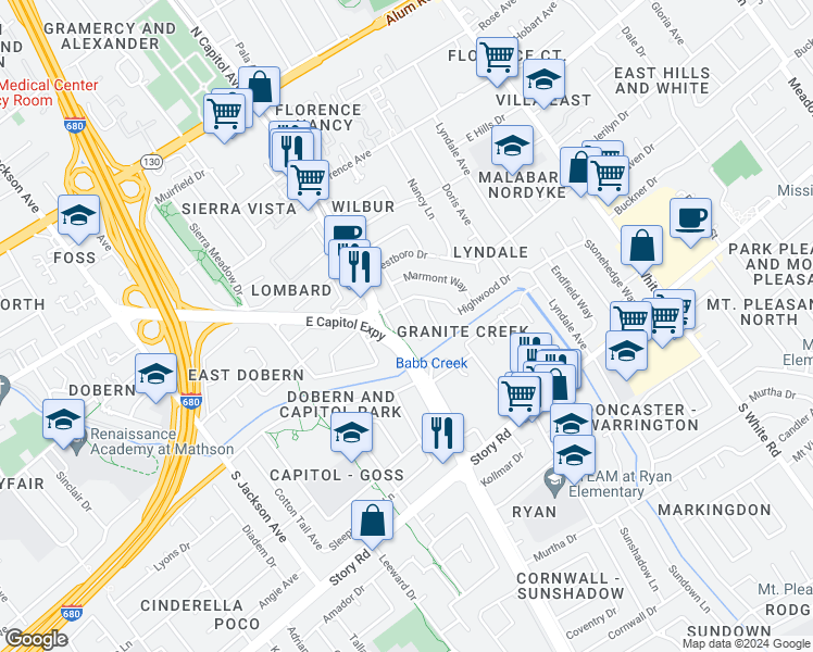 map of restaurants, bars, coffee shops, grocery stores, and more near 10311 Dover Way in San Jose