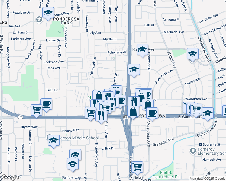 map of restaurants, bars, coffee shops, grocery stores, and more near 1720 Halford Avenue in Santa Clara