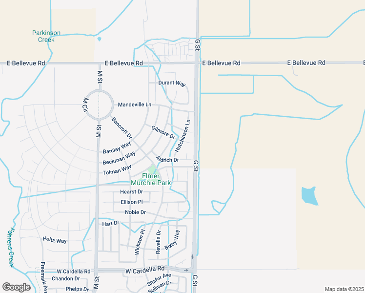 map of restaurants, bars, coffee shops, grocery stores, and more near 4672 Hutchinson Lane in Merced