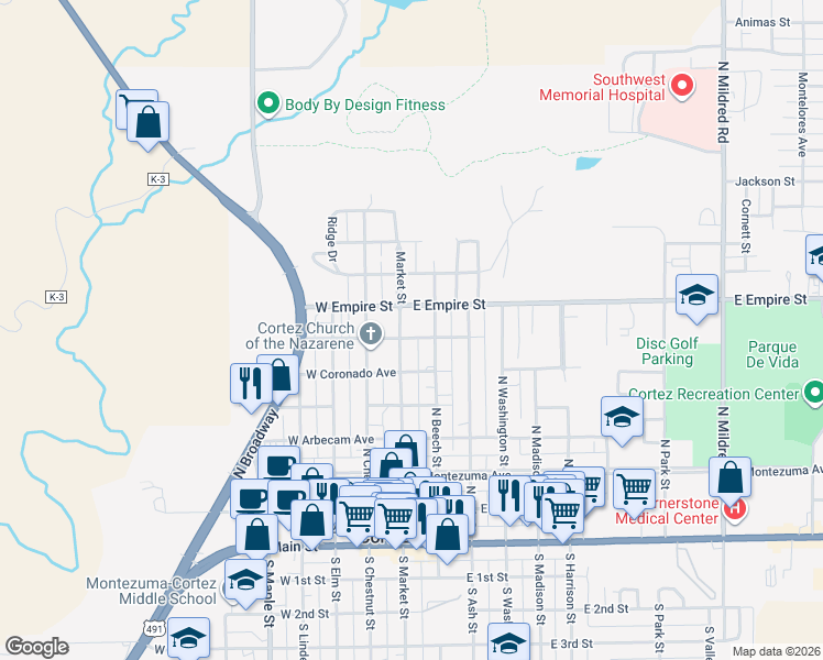 map of restaurants, bars, coffee shops, grocery stores, and more near 602 North Market Street in Cortez