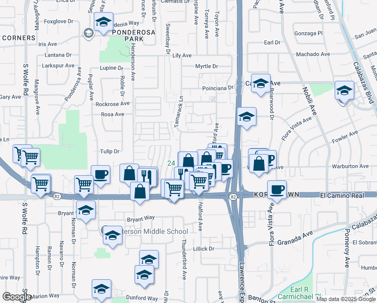 map of restaurants, bars, coffee shops, grocery stores, and more near 1730 Halford Avenue in Santa Clara