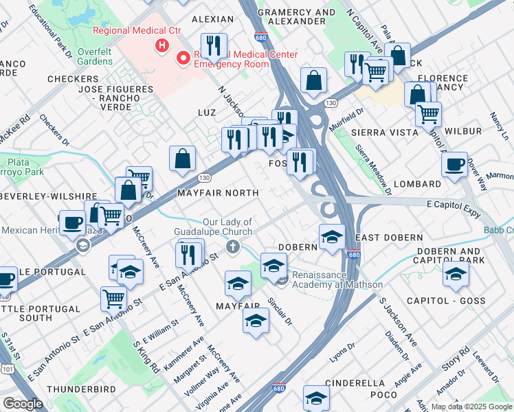 map of restaurants, bars, coffee shops, grocery stores, and more near 117 Scharff Avenue in San Jose