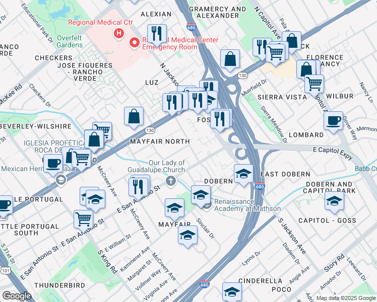 map of restaurants, bars, coffee shops, grocery stores, and more near 117 Scharff Avenue in San Jose