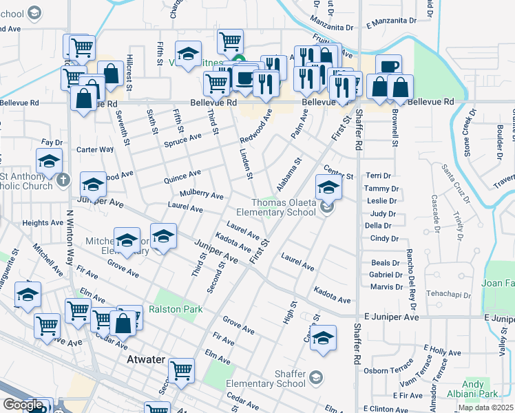 map of restaurants, bars, coffee shops, grocery stores, and more near 2309 Village Circle Drive in Atwater