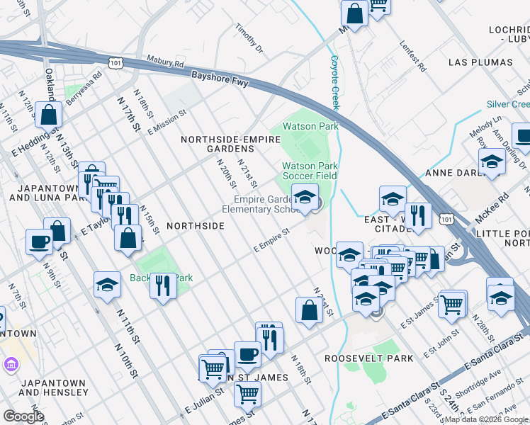 map of restaurants, bars, coffee shops, grocery stores, and more near 568 North 21st Street in San Jose